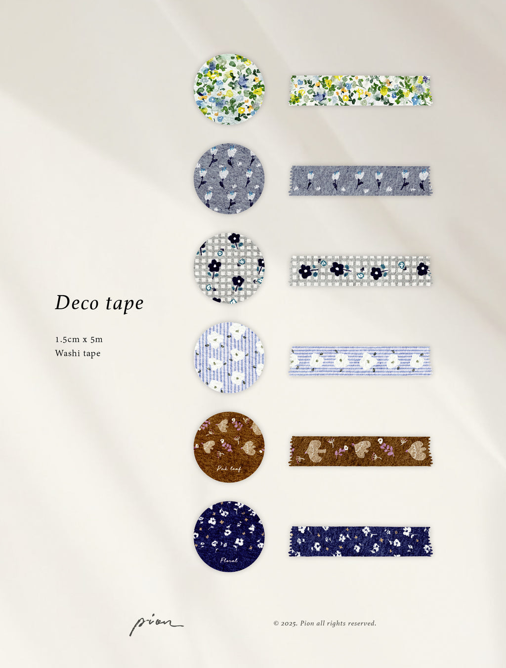 Pion - 1.5cm Deco Washi Tape {Green, Blue Bloom, Floral Check, Line Floral, Coffee Bird, Ditzy Floral}