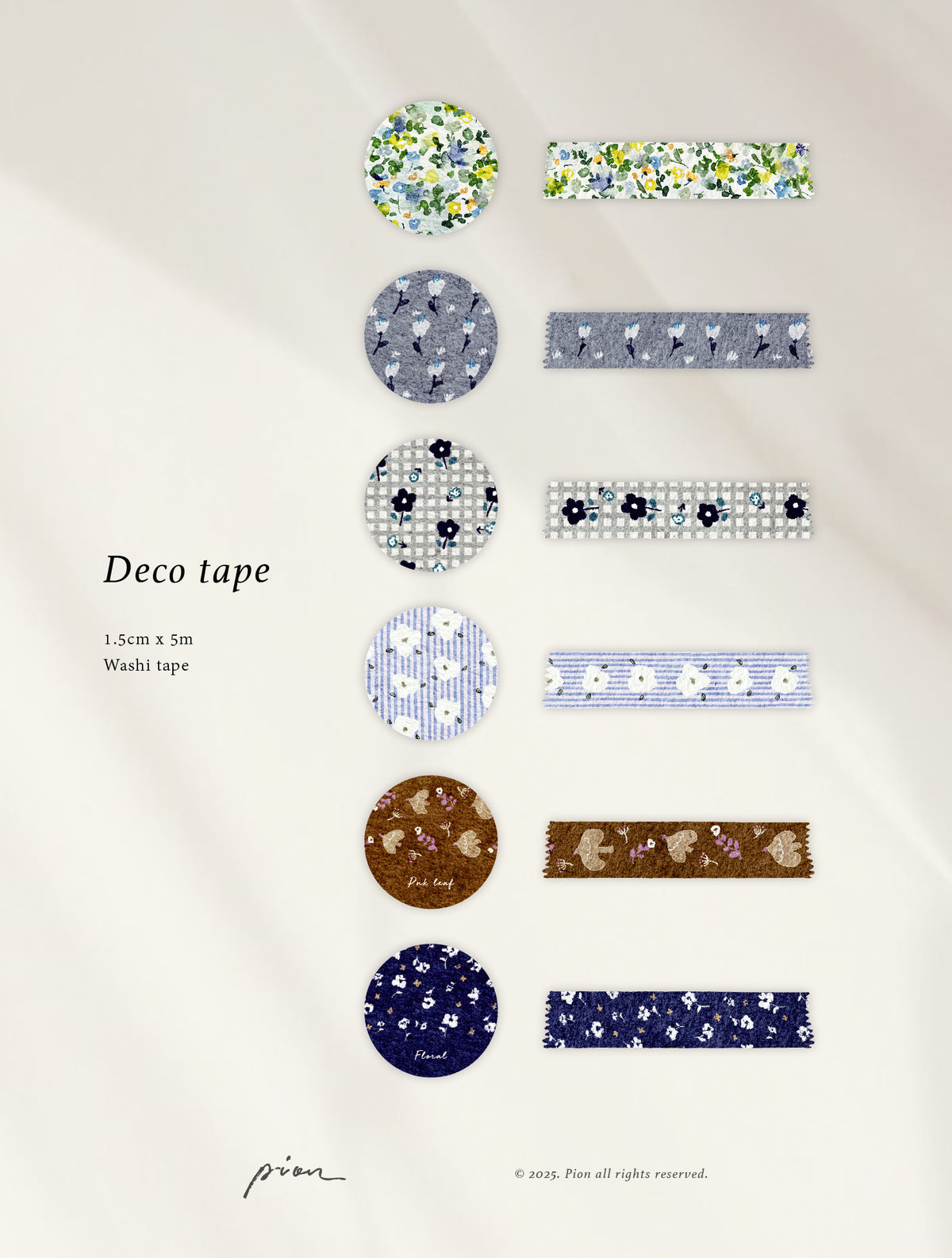 Pion - 1.5cm Deco Washi Tape {Green, Blue Bloom, Floral Check, Line Floral, Coffee Bird, Ditzy Floral}