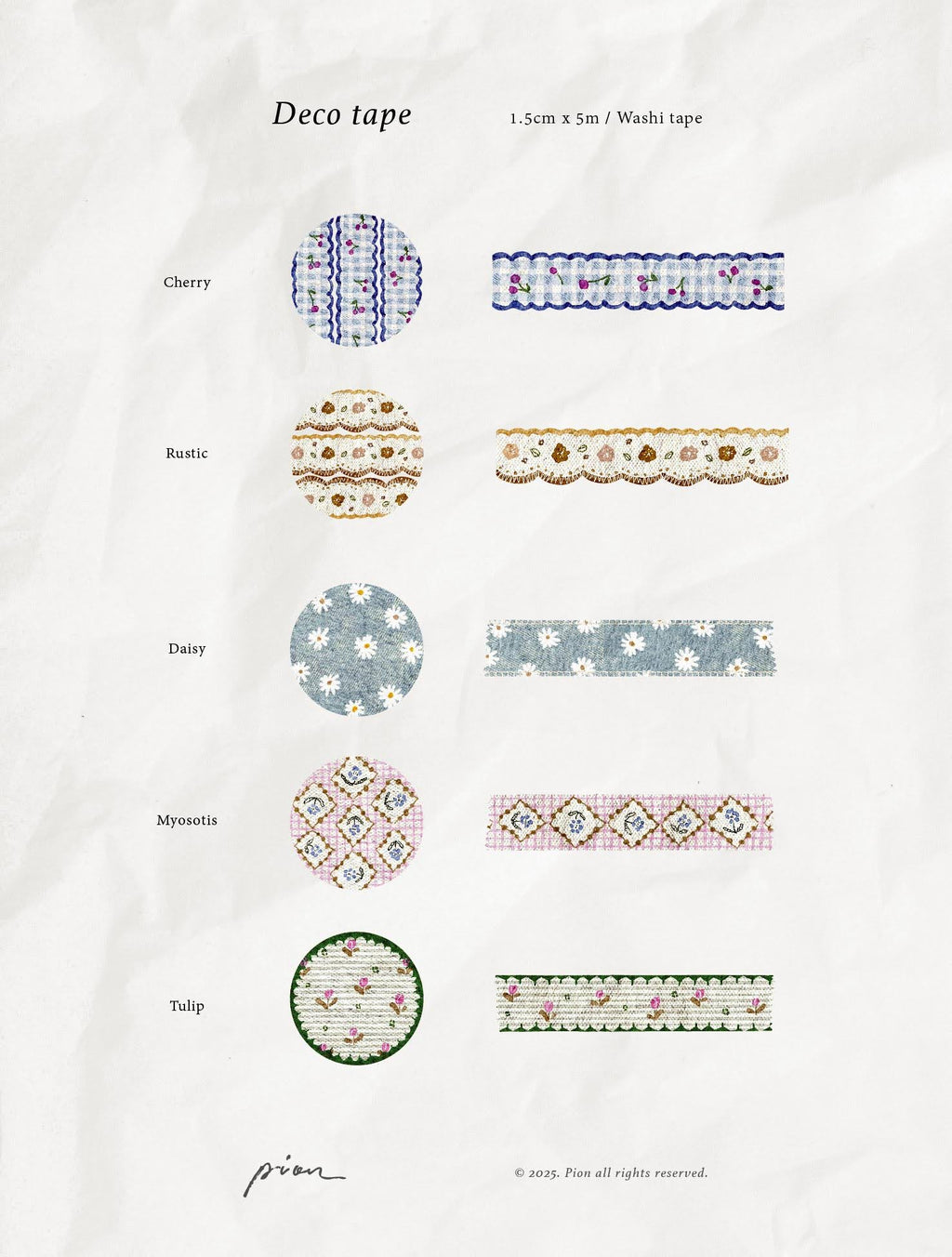 Pion - 1.5cm Deco Washi Tape {Cherry, Rustic, Daisy, Myosotis, Tulip}