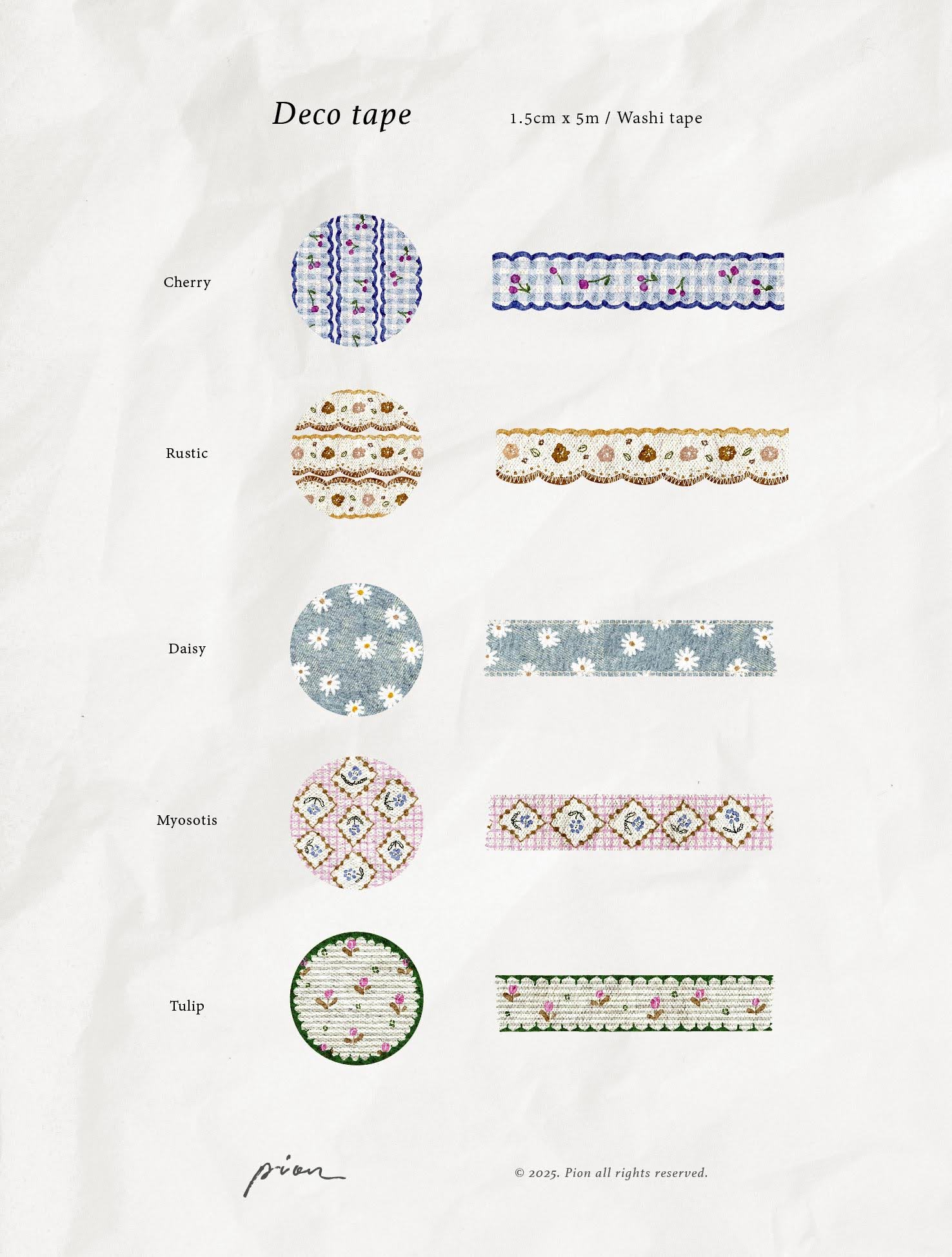 Pion - 1.5cm Deco Washi Tape {Cherry, Rustic, Daisy, Myosotis, Tulip}