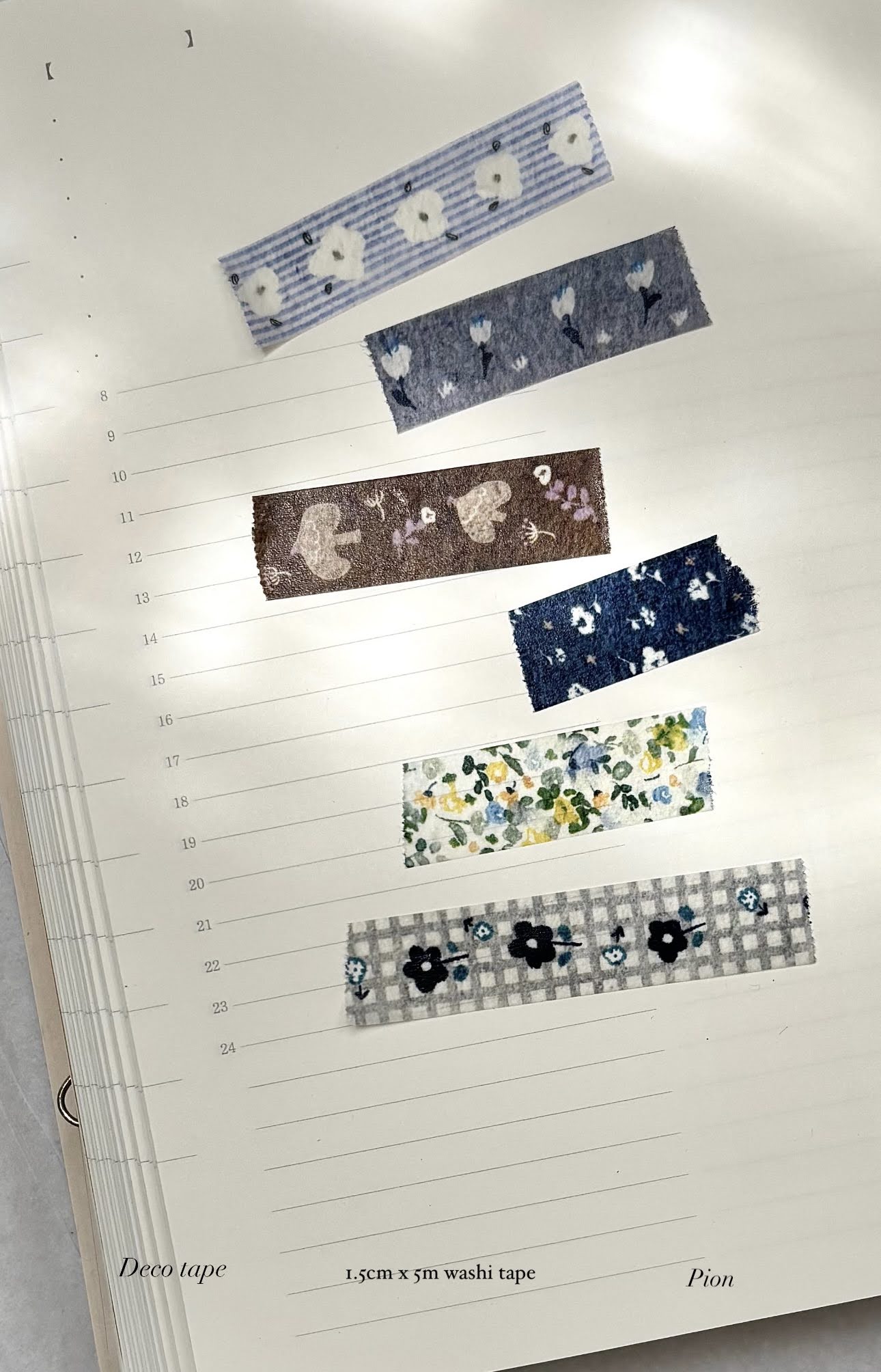 Pion - 1.5cm Deco Washi Tape {Green, Blue Bloom, Floral Check, Line Floral, Coffee Bird, Ditzy Floral}