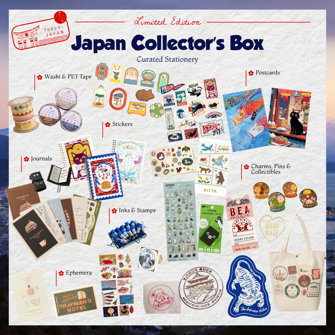 A collage-style promotional graphic for a limited edition Japan collector's box curated stationery set. The image shows many small stationery and collectible items arranged on a light textured background, with labels pointing to each category: washi and PET tape, postcards, journals, stickers, charms, pins, stamps, inks, ephemera, and a tote bag.