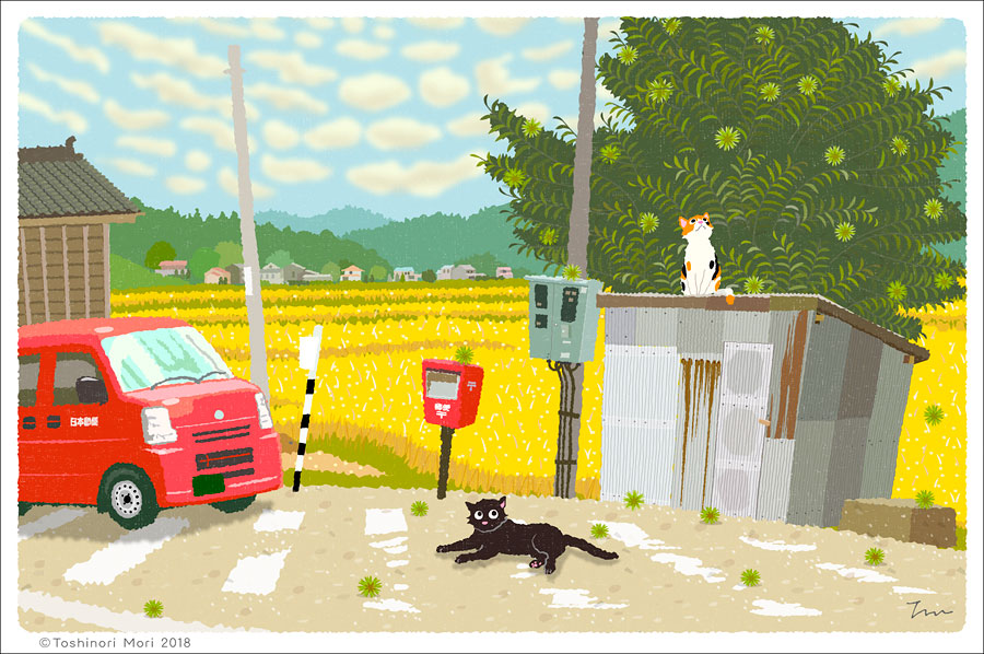 TabiNeko - Chestnut Tree and Post Car Postcard