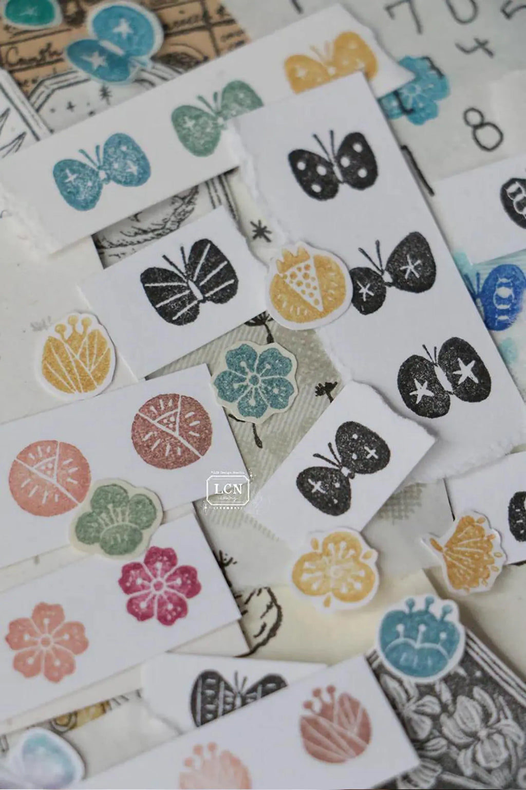 LCN - Wagashi Flowers Compressed Wood Handle Rubber Stamp Set