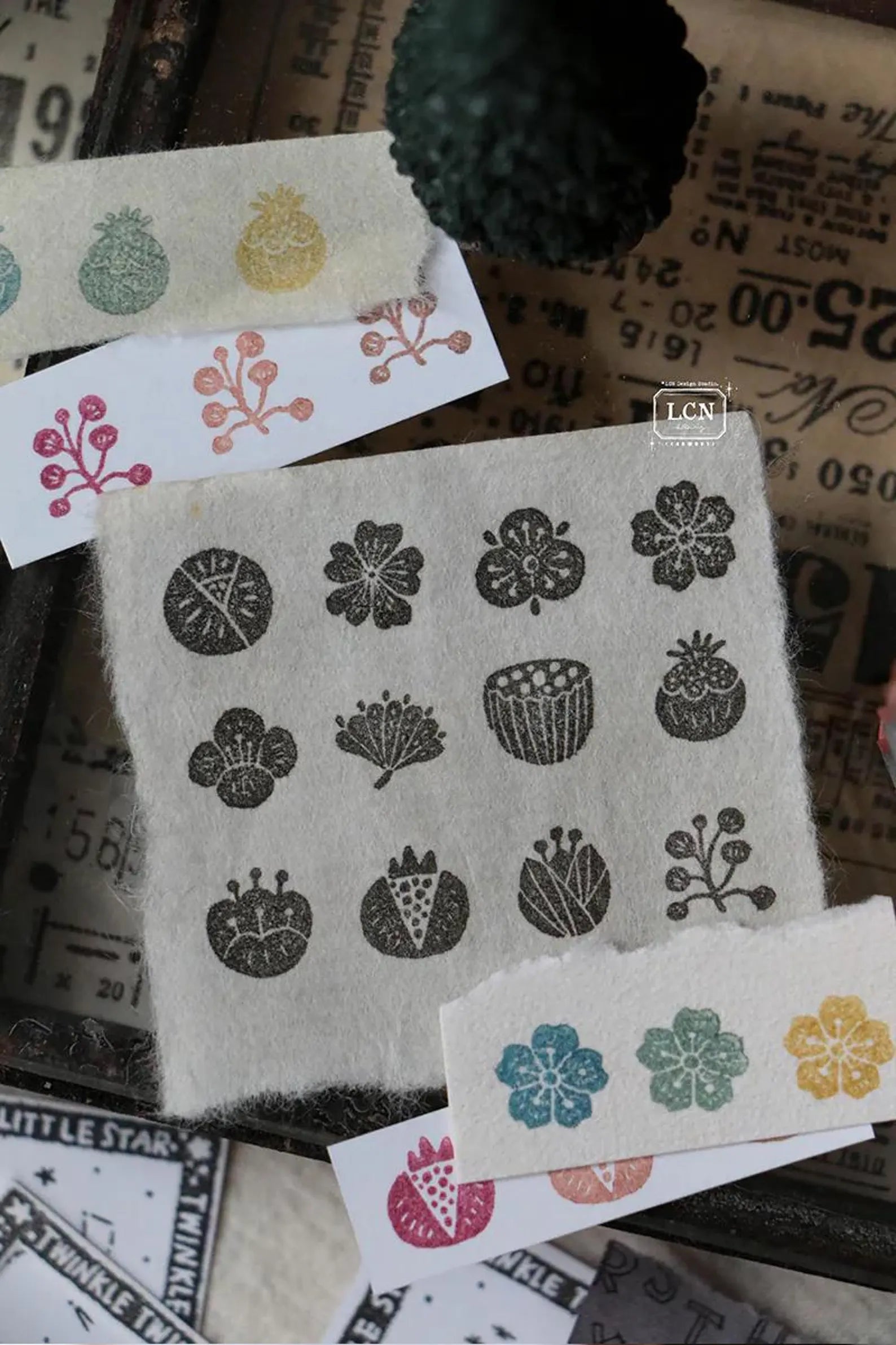 LCN - Wagashi Flowers Compressed Wood Handle Rubber Stamp Set