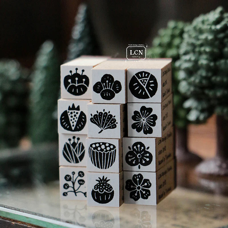 LCN - Wagashi Flowers Compressed Wood Handle Rubber Stamp Set